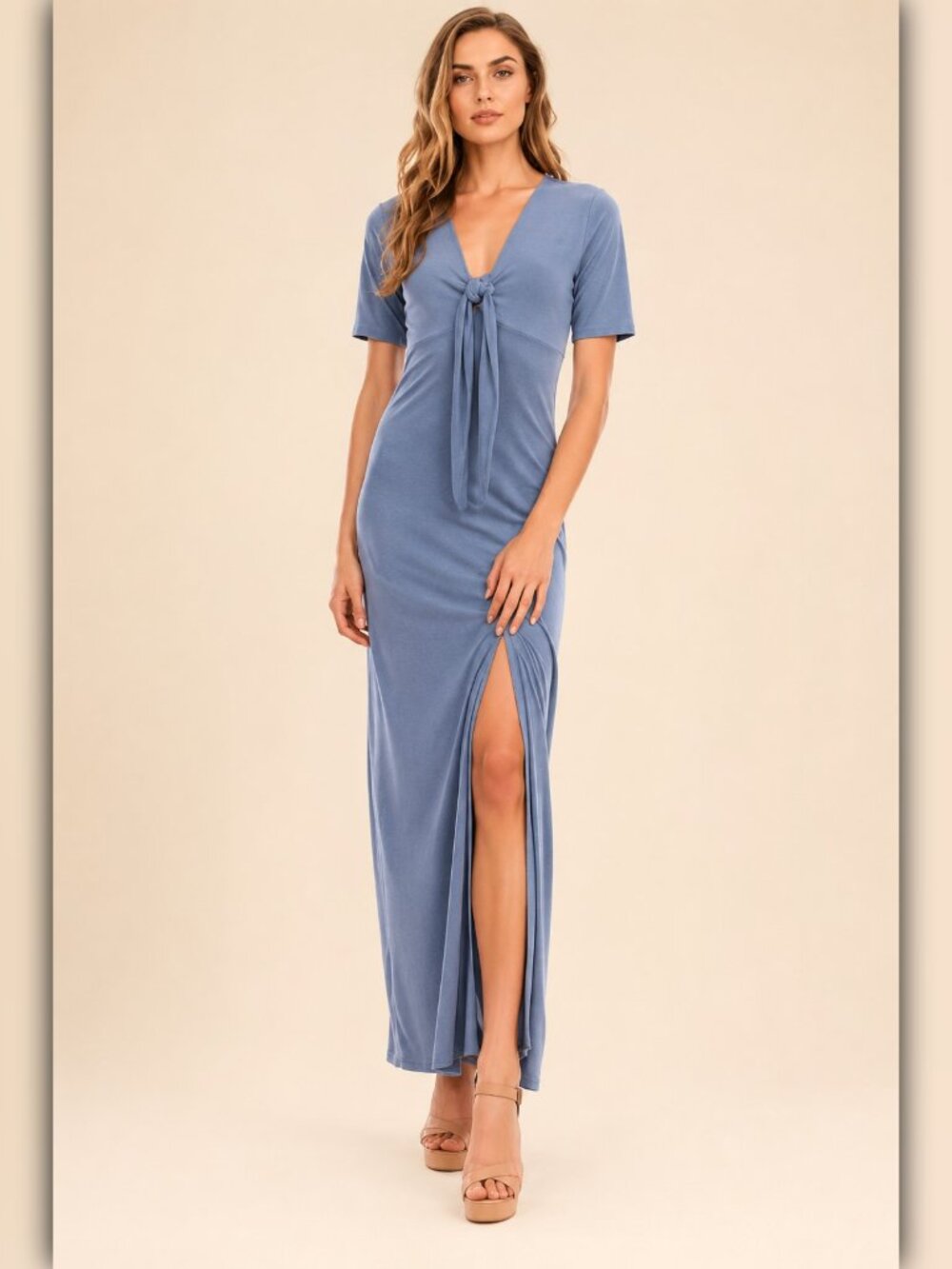 A425 • Slate Blue Tie Front Side Slit Modal Maxi Dress